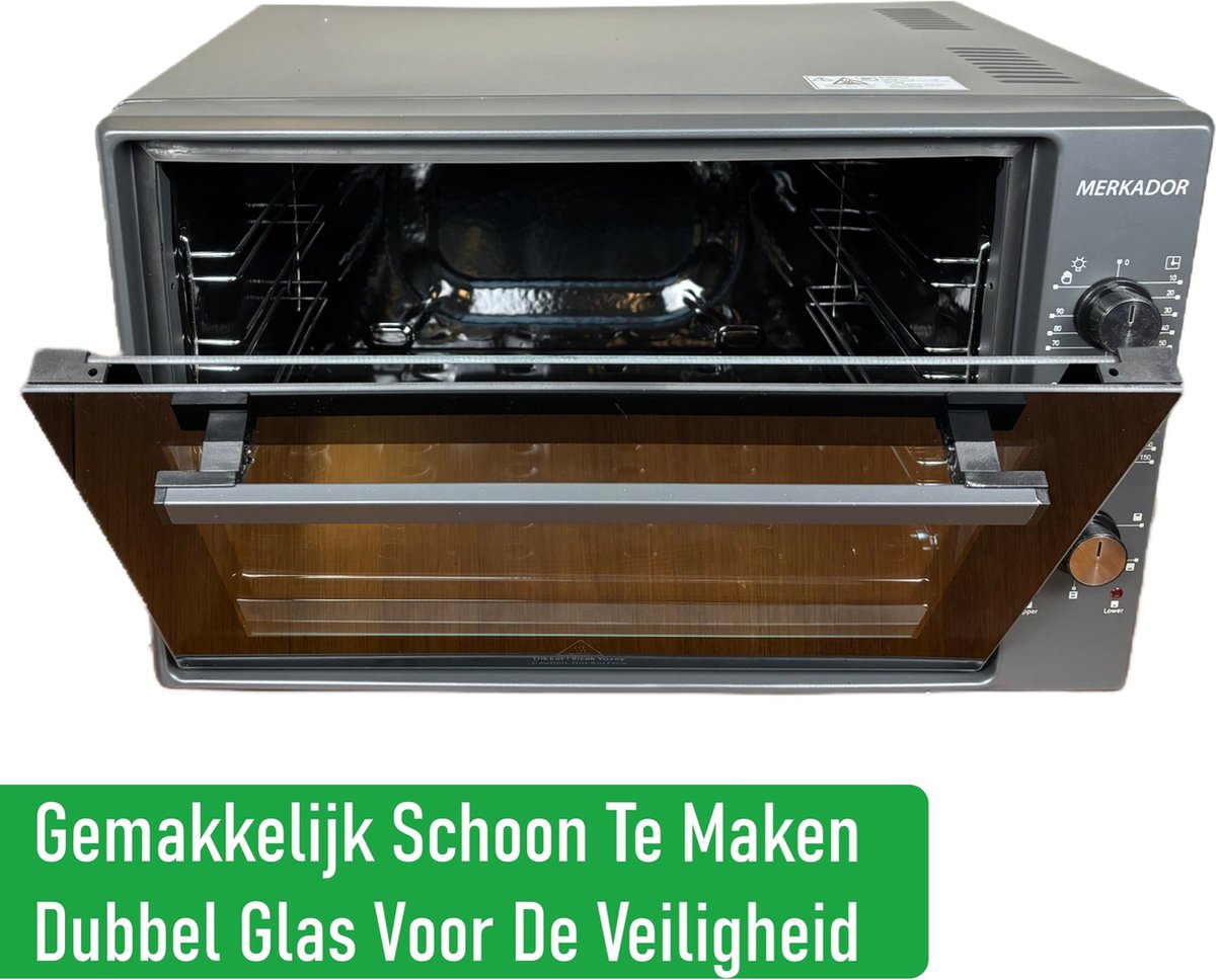 Merkador XL Vrijstaande Oven - 60 Liter - 2000 Watt - RVS Afwerking - Hetelucht - Gemakkelijk Schoon Te Maken Geëmailleerde Binnenkant