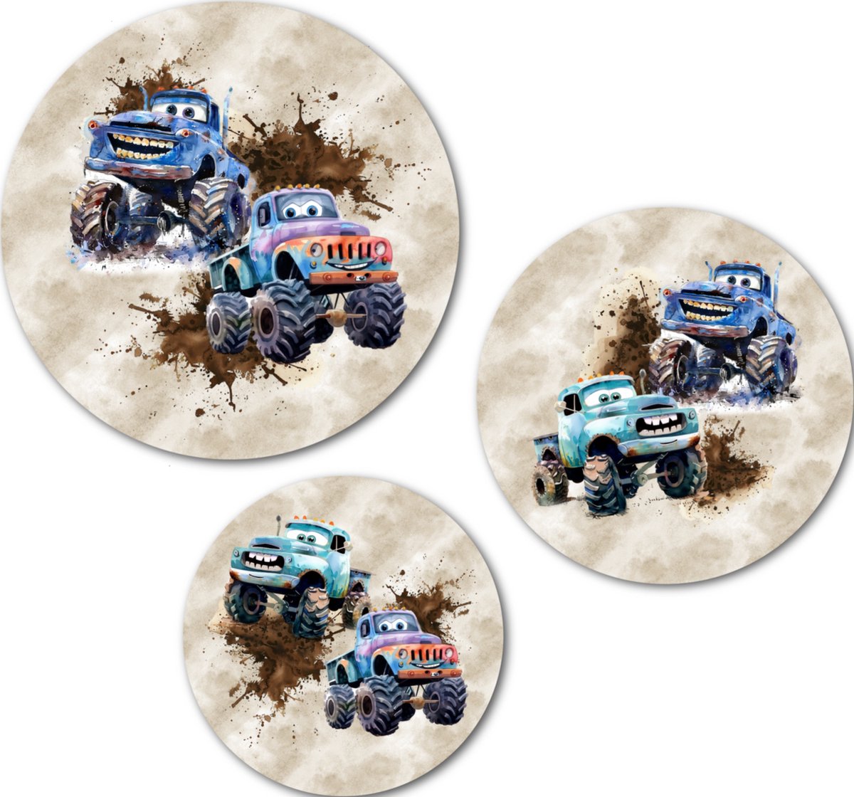 Muurcirkel / Wandcirkel monstertrucks middelgroot - set van 3 muurcirkels + ophangsysteem - Decoratie kinderkamer / babykamer jongens & meisjes