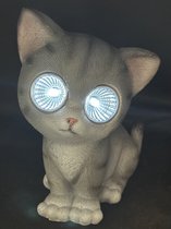 Polyresin solarlamp "zittende kat" - grijs - met 2 LEDs - Staand model - hoogte 16 x 14 x 10 cm - Tuindecoratie - Tuinverlichting