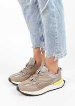 Sacha - Dames - Taupe leren sneakers met limegroen detail - Maat 39