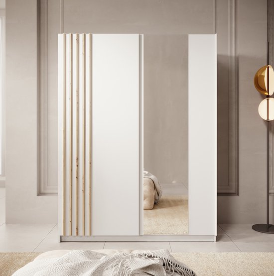 Meubella - Armoire Boets - Wit - Chêne - 150 cm - Avec miroir