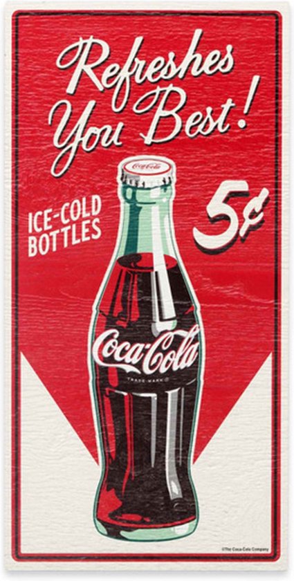 Coca-Cola 'Refreshes You Best' Houten Bord met Textuur - 56 x 28cm