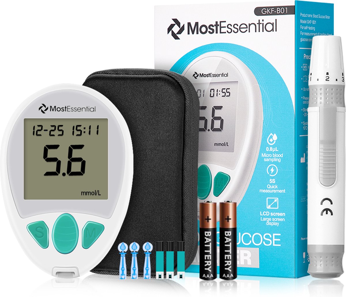Goedkoopste MostEssential Premium Glucosemeter Startpakket - Bloedsuikermeter - Bloedglucosemeter - Diabetes Meter - Alles in één set - Inclusief Opbergtas, Prikpen, 10 Teststrips & 10 Lancetten