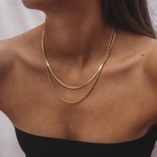 OZ JEWELS 18K Goud Vergulde Dubbellaags Herringbone Ketting - Roestvrij Staal, Nikkelvrij, Klassiek en Stijlvol Ontwerp voor Vrouwen