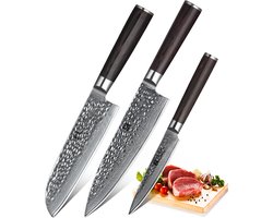 Xinzuo B1H Series - Set van 3 messen - Professioneel - Gehamerd Damascus staal (67 laag met kern van 10Cr15CoMoV) - Vlijmscherp - Messenset inclusief geschenkdoos