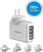 Voomy Universele Wereldstekker - 170+ landen - 4 USB-A Poorten - Reisstekker Wereld: Amerika (USA), Engeland (UK), Australië, Zuid Amerika, Afrika, Italië, Thailand - Wit