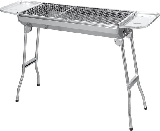 Sunjas Roestvrijstalen houtskoolbarbecue, inklapbaar, outdoor, BBQ, draagbare campingbarbecue, staande grill, grillwagen, kolengrillm 74 x 33,5 x 71,5 cm