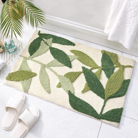 Calkkrer Grün Badematte, Douchemat, Monstera Blad Badmat, Tropische Plant Vorm Badkamer Mat, Wasbaar Antislip WC Mat, Toilet Mat 50 x 80 CM