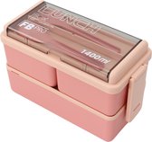 Kleine Roze Lunchbox - 1400ml - Met servies en vakjes x3 - Geschikt voor rijst, noodles, groente, vlees en meer! - Voor kinderen en volwassenen