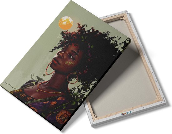Artaza Canvas Schilderij Afrikaanse Vrouw met een Bloem in haar Haar - 60x90 cm - Wanddecoratie Woonkamer - Schilderijen - Muurdecoratie