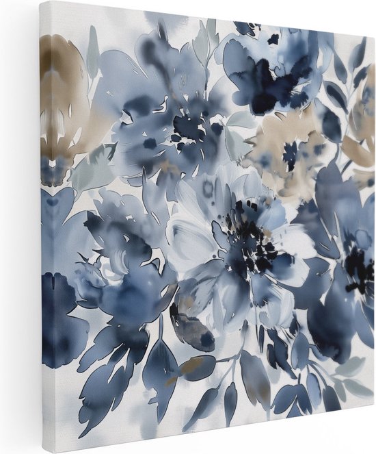Artaza Canvas Schilderij Blauwe en Beige Bloemen op een Witte Achtergrond - 60x60 - Muurdecoratie - Foto Op Canvas - Canvas Print