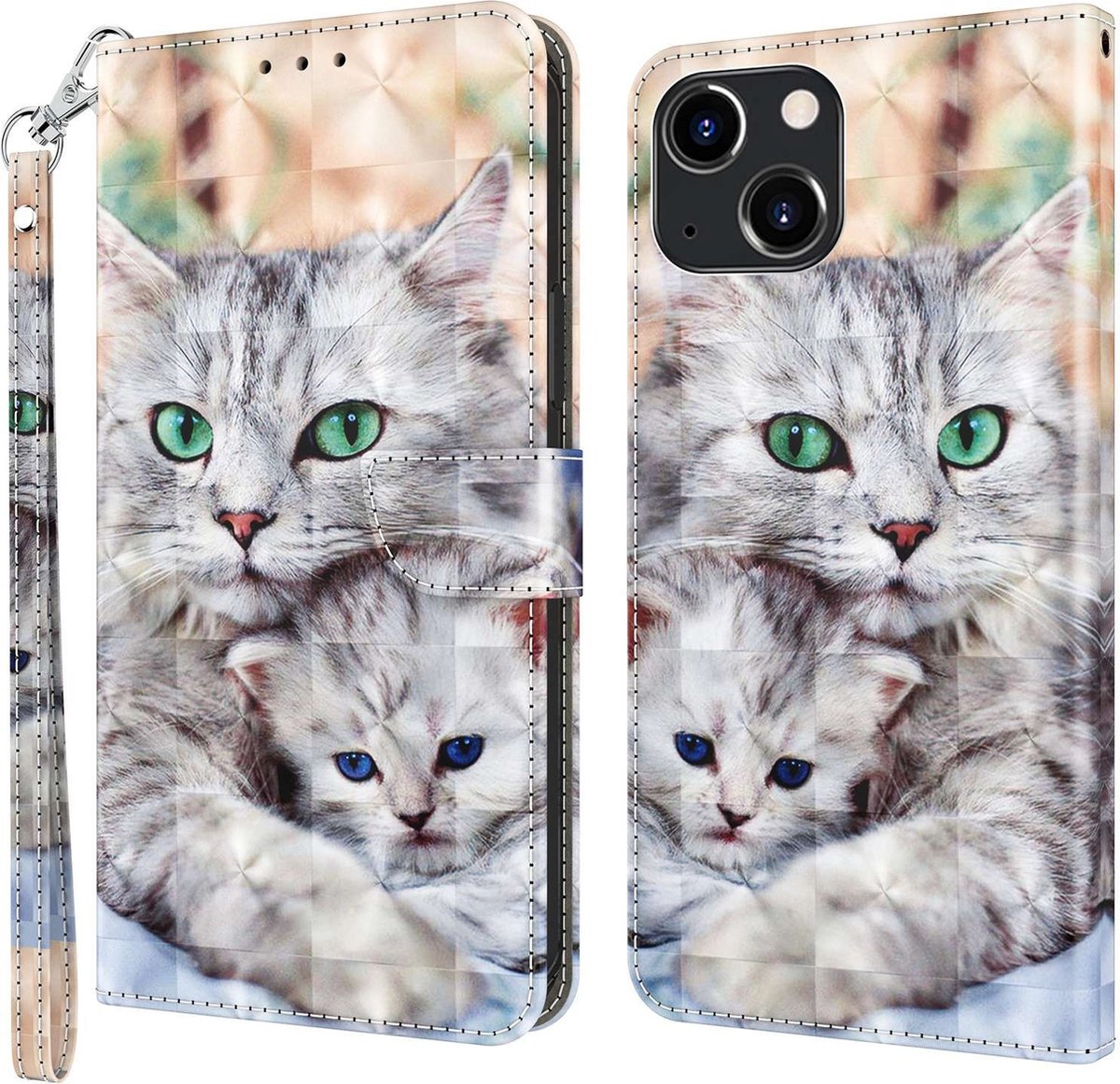 Cityhoesje-iPhone 14 Plus – Bookcase – Print 3D katten – incl. Pasjeshouder