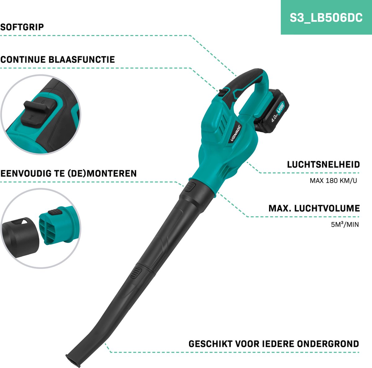 VONROC Accu Bladblazer 20V – Luchtsnelheid 180 km/u – Luchtvolume 5m3/min - Incl. 4.0Ah accu en snellader – foto 3