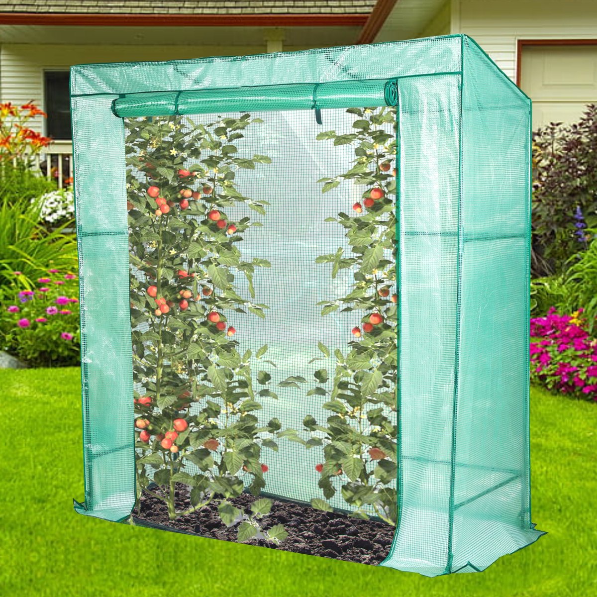 Lendo Online Tomatenkas met PE waterdichte hoes 198x78x200cm staal groen - Tuinkas - Broeikas - Kas - Serre - Kweekkas - Foliekas - Groentekas
