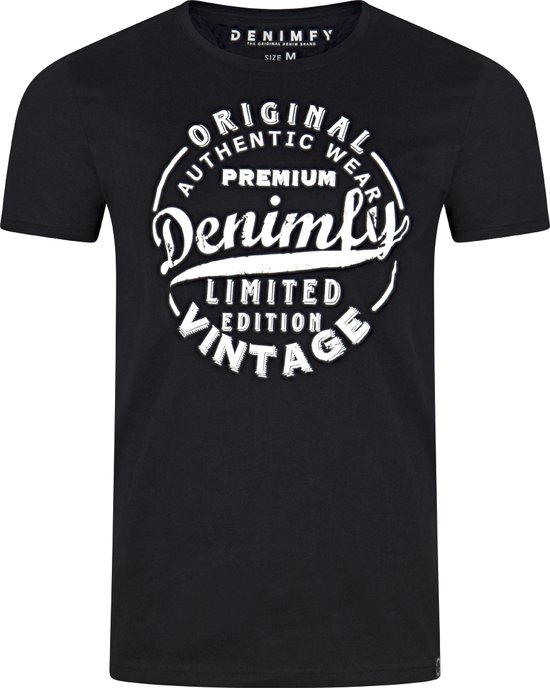 Zwart t-shirt met witte cirkelvormige print: "ORIGINAL AUTHENTIC WEAR", "PREMIUM", "Denimfy", "LIMITED EDITION", "VINTAGE".