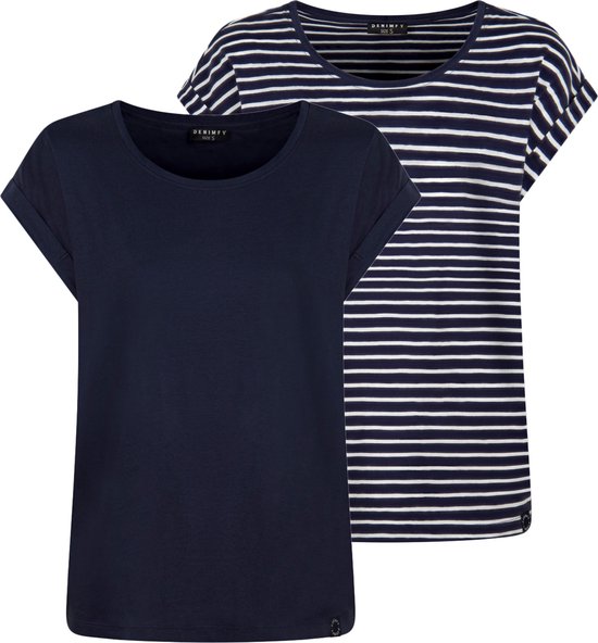DENIMFY Dames Top DFSophie 2-Pack regular fit Blauw Ronde Hals Volwassenen