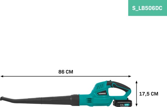 Turquoise bladblazer met zwarte handgreep, 86 cm lang en 17,5 cm hoog. Inclusief 2.0Ah accu.