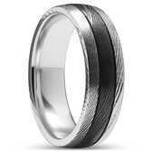 Fortis | 7 mm Dubbelgegroefde Zwarte en Zilverkleurige Ring van Damascusstaal en Titanium