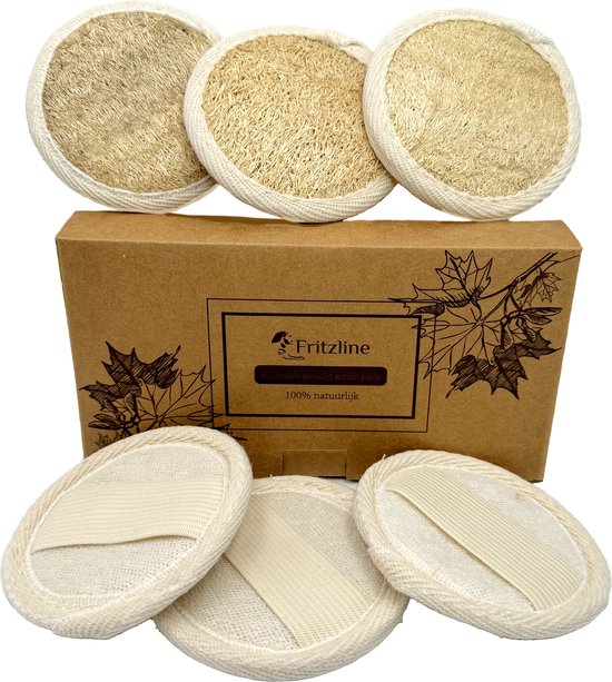 Fritzline 6x Loofah Gezicht Scrub Pad - Gezichtsverzorging - Loofa - Scrub Handschoen - Natuurspons - Plasticvrij - Duurzaam - Vegan - Herbruikbaar