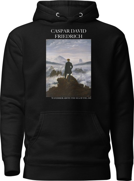 Caspar David Friedrich 'De Wandelaar boven de Nevelzee' ("Wanderer Above the Sea of Fog") Beroemd Schilderij Hoodie | Unisex Premium Kunst Hoodie | Zwart | XL
