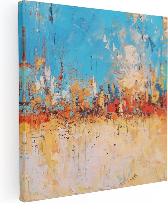 Artaza Canvas Schilderij Abstract Kunstwerk in Blauw, Oranje en Geel - 90x90 - Groot - Foto Op Canvas - Canvas Print