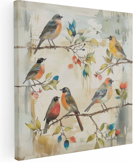 Artaza Canvas Schilderij Kleurrijke Vogels Zittend op een Tak - 80x80 - Groot - Foto Op Canvas - Canvas Print