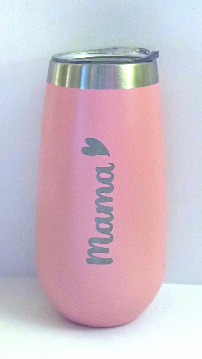 Tumbler Stainless Steel -wine tumbler - wijnglas zonder voet - RVS - isolerend - 175ml - kleur rosé - duurzaam - met deksel - Moederdag - Champagne - Mama hartje