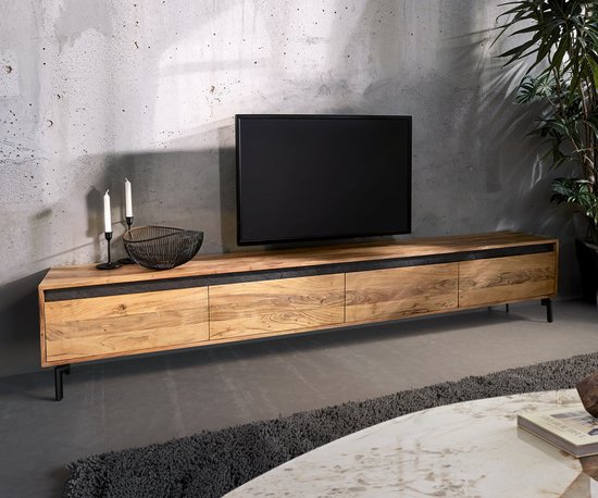 TV-meubel Stonegrace naturel acacia 240 cm 4 deuren voet ovaal metaal zwart lowboard