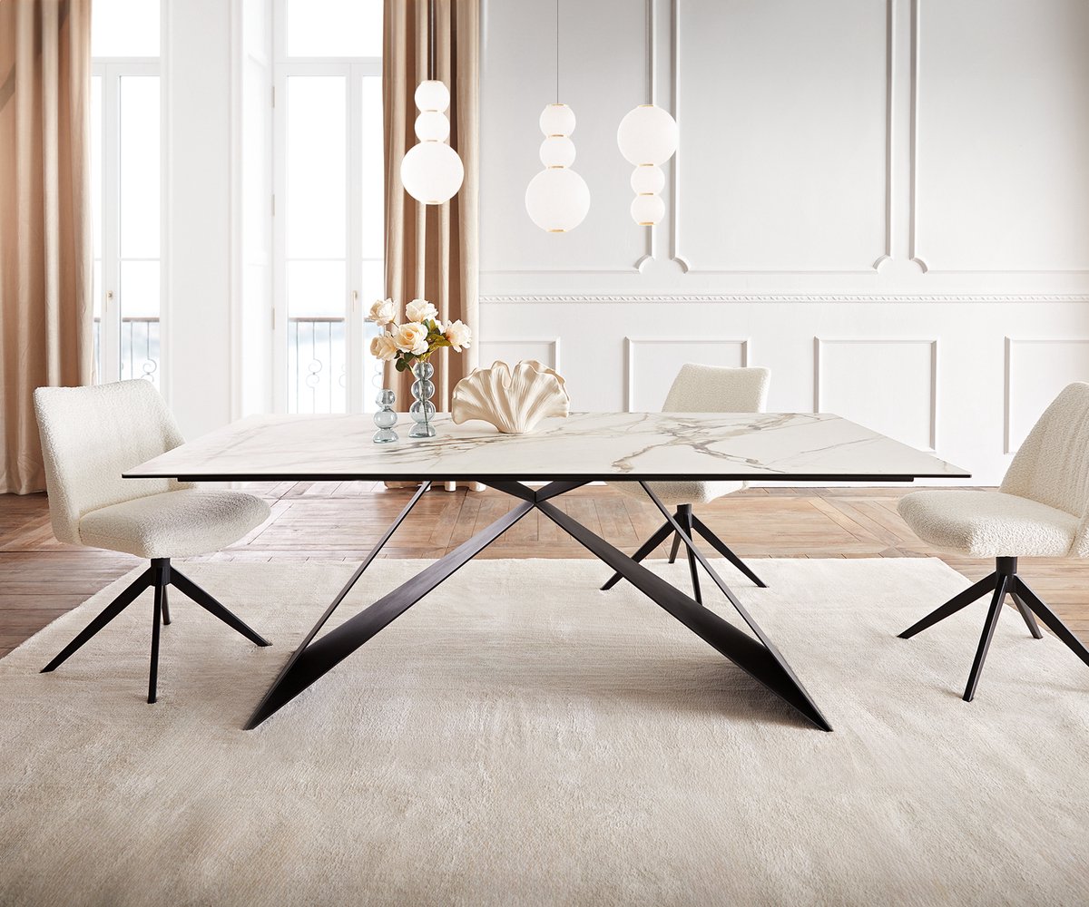 DELIFE Eetkamertafel Edge keramiek Calacatta Luxe wit-goud-grijs 200x100 V-frame vlak staal zwart Weiß-Gold-Grau