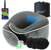 COMFY WAY® - Nekkussen - Luxe Reiskussen voor vliegtuig en auto - memory foam met slaapmasker en oordoppen - Grijs