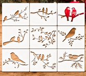 Bullet Journal Flexibele Plastic Stencils - Vogels Design - 9 stuks - Templates - Sjablonen - 15.2 x 12.7 centimeter - Handlettering toolkit - Knutselen - Decoratie - Accessoires - Birds on Branches - Leaves - Vogels in Bomen - Planten