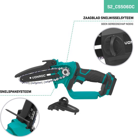 VONROC Mini Kettingzaag 20V - 152mm - Incl. 2x 2.0Ah accu’s en snellader van VONROC — afbeelding 3