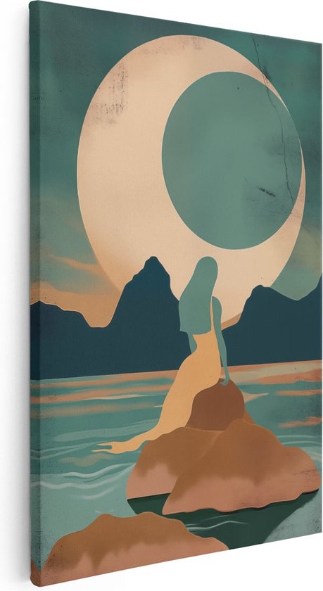 Artaza Canvas Schilderij De Zeemeermin zit op een Rots voor de Maan - 20x30 - Klein - Foto Op Canvas - Canvas Print