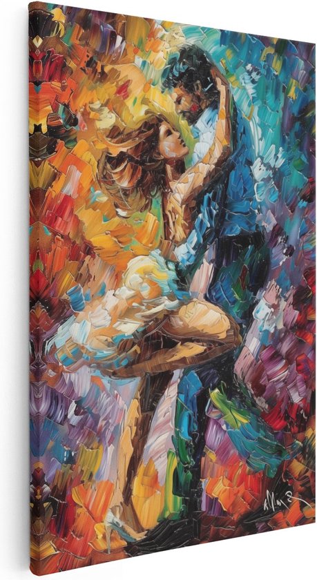 Peinture à l'huile abstraite d'un couple dansant aux couleurs vives, avec des coups de pinceau épais.