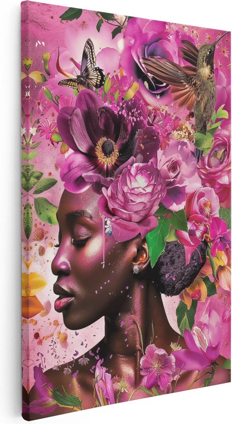 Artaza Canvas Schilderij Zwarte Vrouw met Bloemen op haar Hoofd - 20x30 - Klein - Foto Op Canvas - Canvas Print