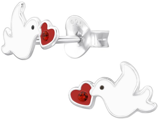 Joy|S - Zilveren vogel oorbellen - 9 x 6 mm - witte duif oorknoppen met rood hartje