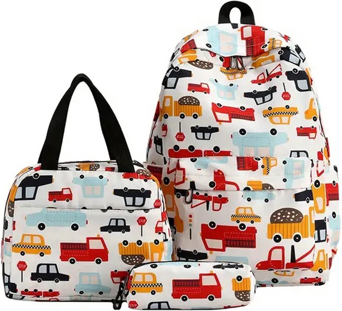 Voertuigen Rugzak | Kinderen | Rugtas, lunchtas en etui met prachtige 3D geprinte details | 3-delige set jongens schooltassen
