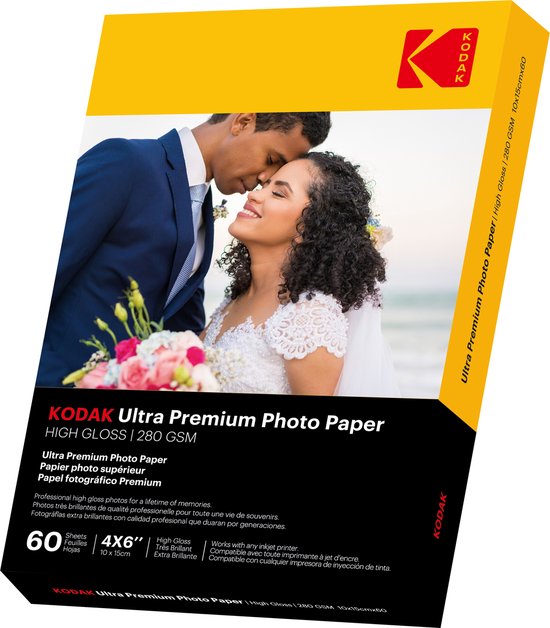 Kodak Ultra Premium fotopapier verpakking met bruidspaar. 60 vel, 10 x 15 cm, glanzend, 280 gsm.