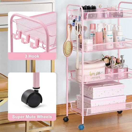 Urackify Opbergwagen met wielen, 3 niveaus, met hangende dozen en haken, multifunctionele rolwagen voor keuken, badkamer, wasruimte, paars