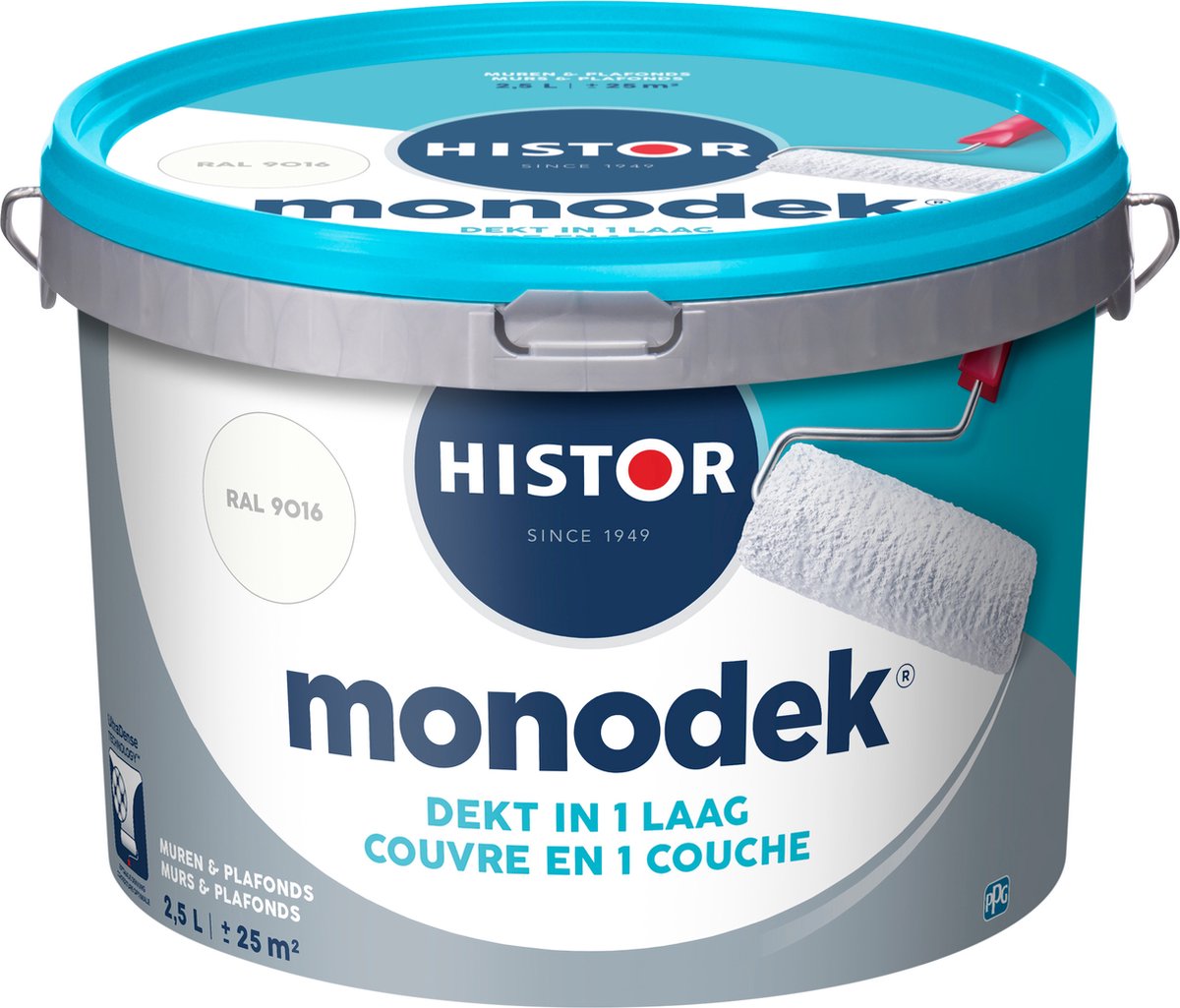 Histor Monodek – Muurverf Binnen Mat – Dekt in 1 Laag – Afwasbaar – Geurarm en Oplosmiddelvrij – Met Ultra Dense Technology voor Extra Dekkracht – Voor Binnen – RAL 9016 – 2,5L – foto 2