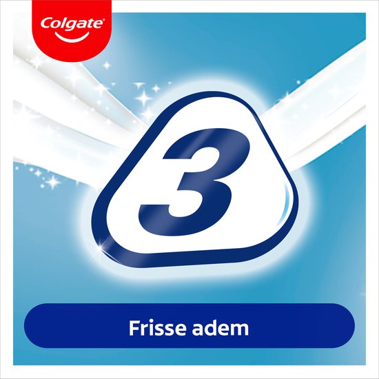 Een witte driehoek met het getal '3' erin op een blauwe, glinsterende achtergrond. Tekst onderaan: 'Frisse adem'.