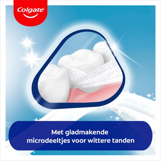 Close-up van witte tanden in een blauw, glinsterend kader. Tekst onderaan: 'Met gladmakende microdeeltjes voor wittere tanden'.