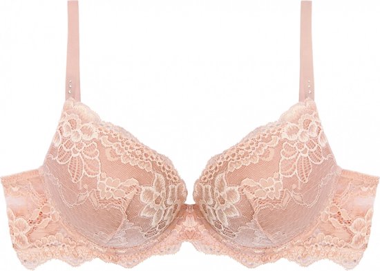 Lichtroze kanten push-up BH met ingebouwde vulling en decoratieve bandjes.