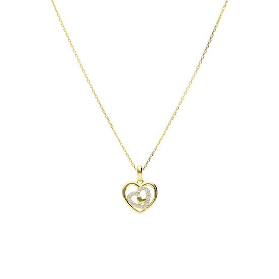 Lucardi Dames Zilveren goldplated ketting met hanger hart zirkonia - Ketting - 925 Zilver - Goudkleurig - 48 cm