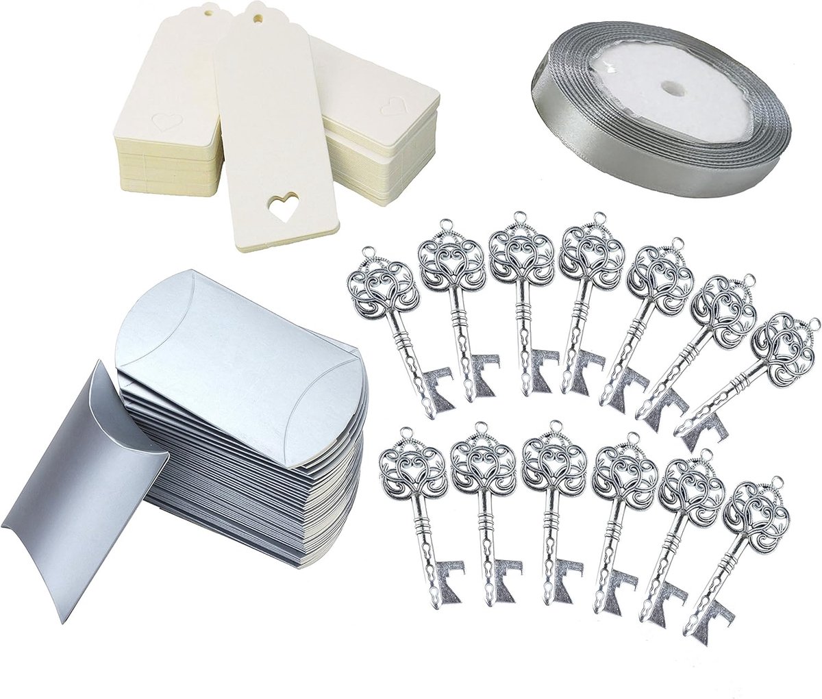 50 stks Vintage Rustiek Bruiloft Cadeau Souvenir Set met Skelet Sleutel Flesopeners, Bonbondoos, Bedankt Label, Frans Lint (Antiek Zilver)