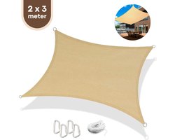 FOXLY® Schaduwdoek Rechthoek 2 x 3 Meter Crème - HDPE Materiaal - Incl. Touw en Karabijnhaken - Schaduwdoeken - Schaduwnet - Zonwering