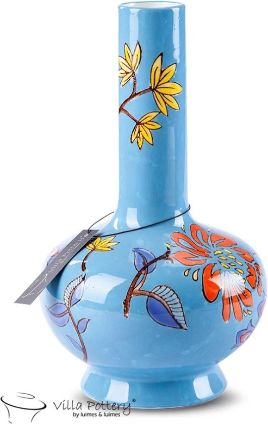 Vaas - Villa Pottery - Decoratie - Woondecoratie - Porselein - Waterdicht - Moederdagcadeau - Happy Flowers 2 Blue