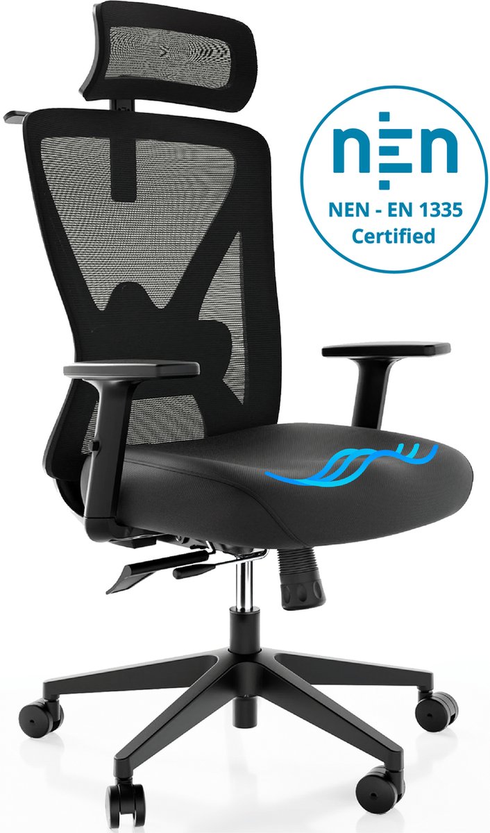 Backerz® Ergonomische Bureaustoel voor Volwassenen Volledig Verstelbaar - NEN-EN1335 gecertificeerd tot 150kg - Office Chair - Gamestoel - Motion Mesh, Zwart - Backerz