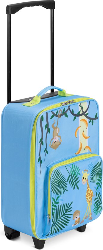 Foto: Navaris trolley koffer voor kinderen met uitschuifbaar handvat naamlabel ruim hoofdvak voor jongens meisjes jungle design