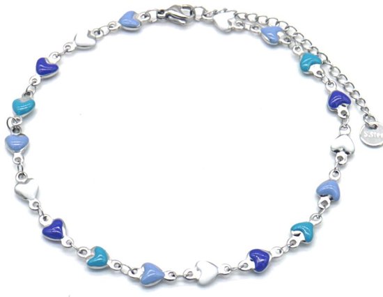 Enkelbandje - RVS - verstelbaar - zilverkleurig - blauw - hartjes - liefde - Valentijn - romantisch